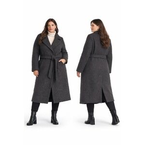 H&M Teddy Boucle Belted Coat Womens Size 12 Gray Long Textured Winter Jacket